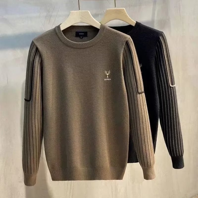 Men's Autumn/Winter Crew Neck Embroidered Sweater, Trendy Brand, Long-Sleeved Striped Knitwear, Fashionable Patchwork Base Layer