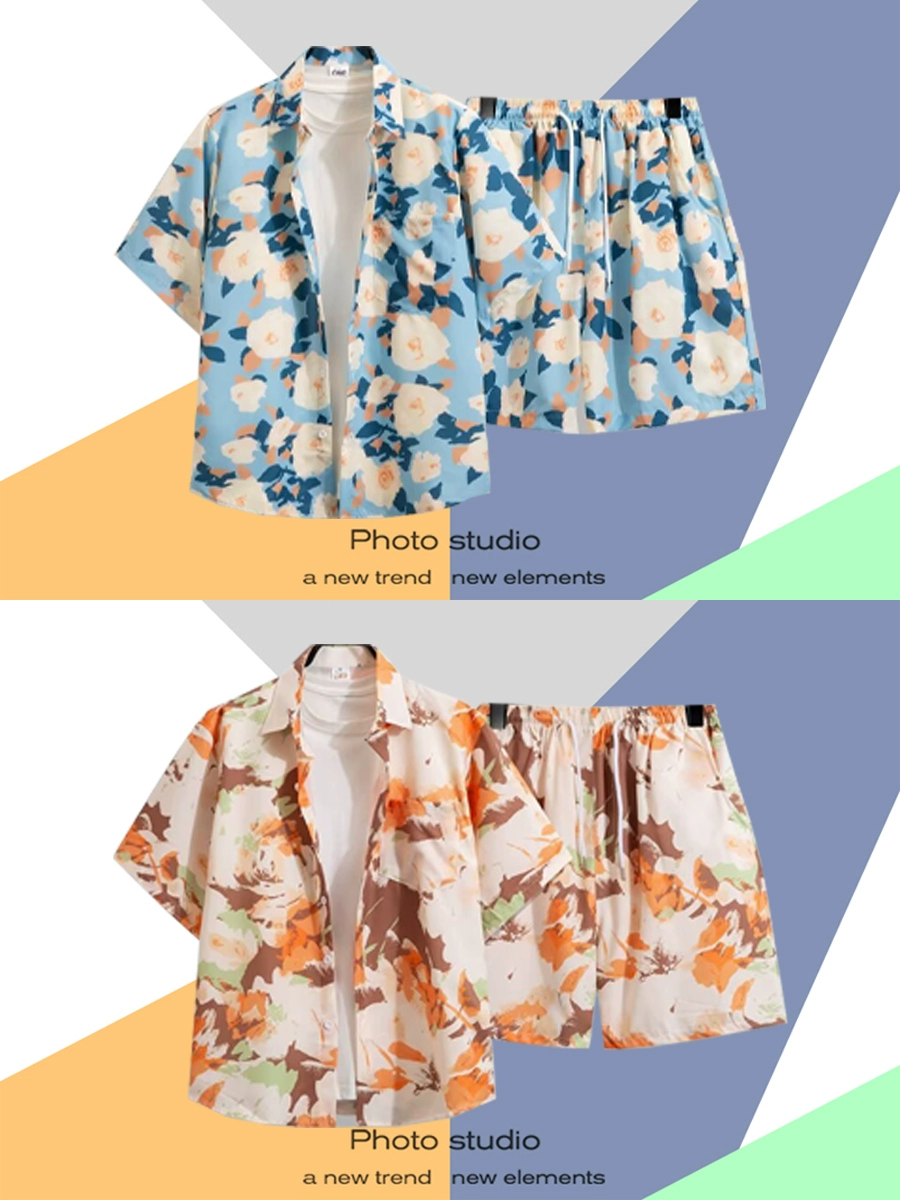 Мужской костюм из рубашки и шорт с тайским цветочным принтом, гавайская пляжная рубашка с коротким рукавом, парная одежда, новинка лета 2025 года, летняя куртка