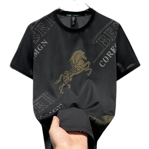 Men's Ice Silk Short Sleeve T-Shirt 2025 Summer Trendy Casual Round Neck Half Sleeve T-Shirt