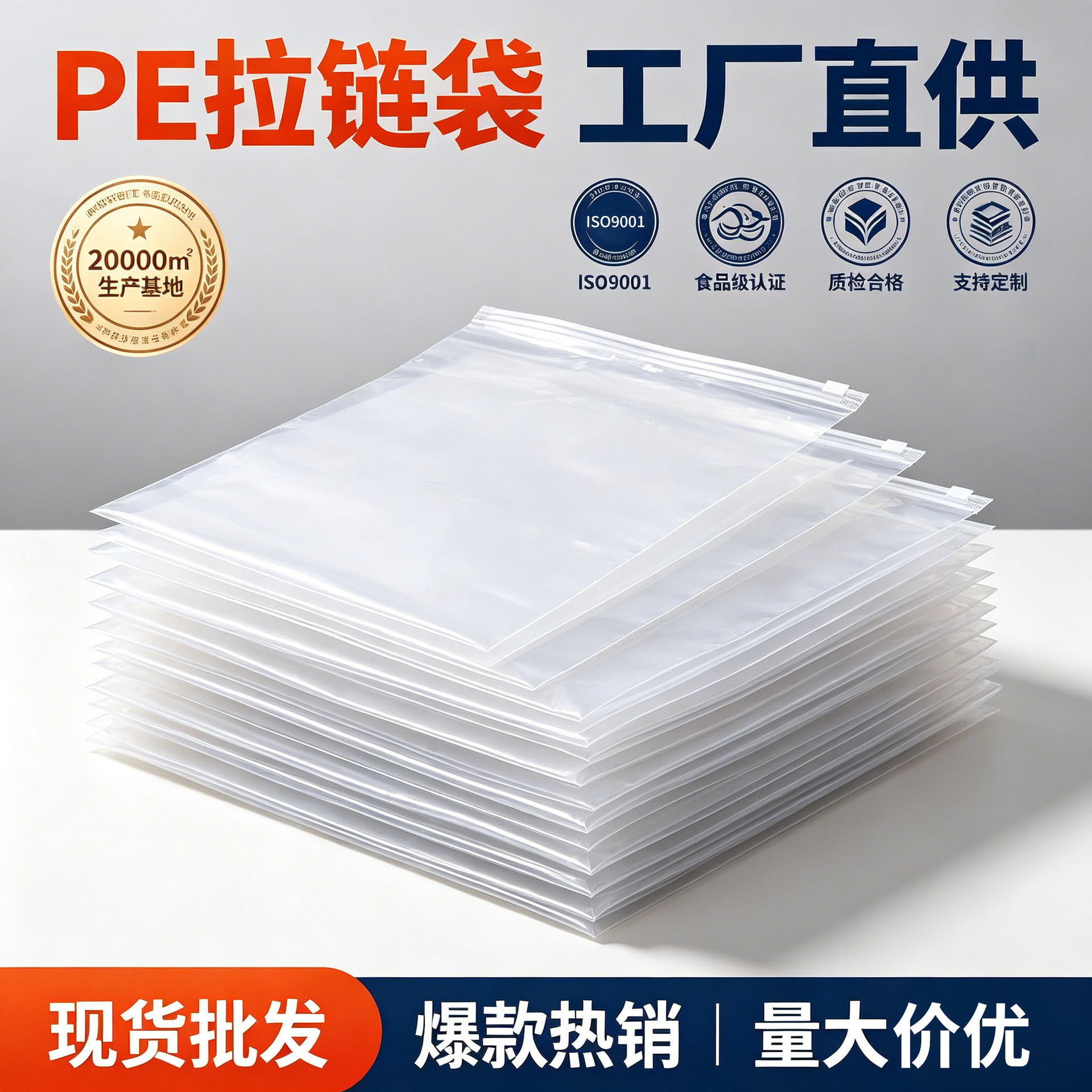 现货批发PE透明拉链袋塑料短袖服装内衣裤袋加厚高透自封袋回收料