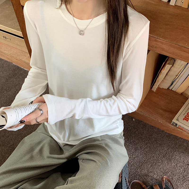 秋季新高级感高弹软糯纯色圆领长袖正肩打底衫女内搭打底T恤上衣|undefined