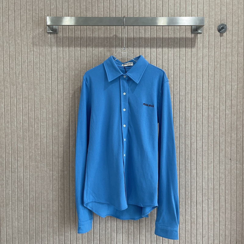 25 Early Autumn New Fashion Versatile Blue Shirt for Women with Letter Embroidery Embellishment and Cotton Pique Mesh Fabric 25 Early Autumn New Fashion Versatile Blue Shirt for Women with Letter Embroidery Embellishment and Cotton Pique Mesh Fabric
