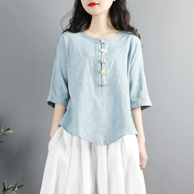 Женский летний китайский чайный костюм в стиле ретро, рубашка с пуговицами, короткий рукав, этнический стиль, хлопок и лен, в стиле китайской литературы.