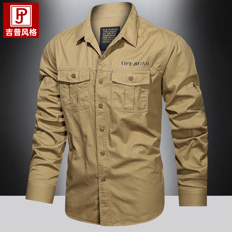 Otoño nuevo multi-bolsillo camisa de manga larga uniforme militar hombre gran camisa de trabajo de algodón casual chaqueta juvenil hombre