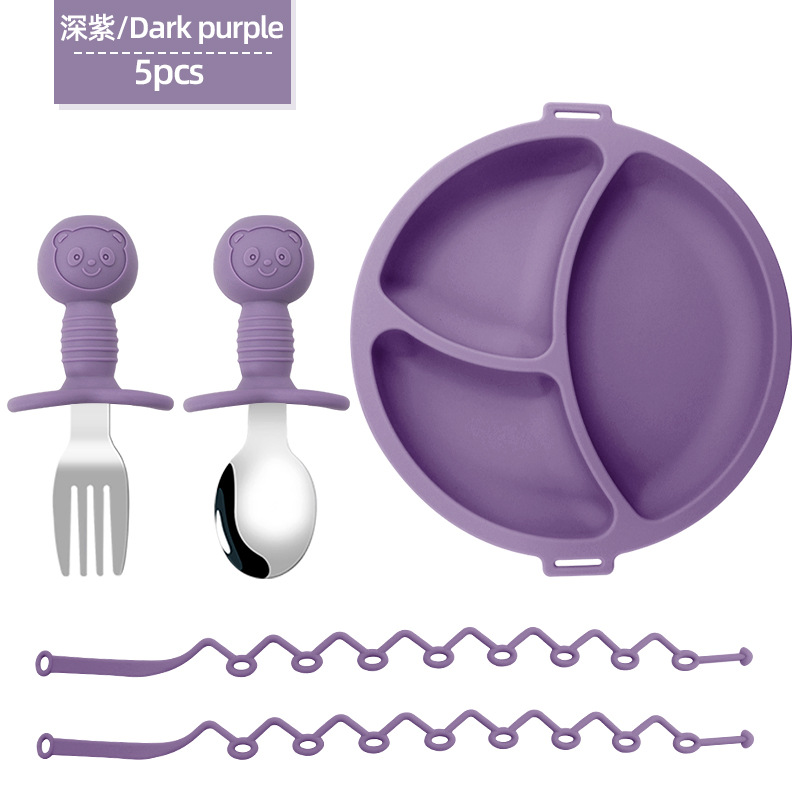 Placa de comedor de cadena anti-pérdida para niños, entrenamiento para bebés, plato de comedor dividido, cuchara de tenedor, suplemento alimenticio de silicona para bebés, cuchara de oso, tenedor