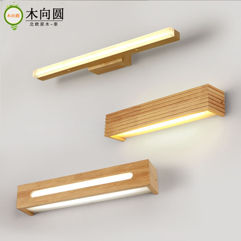 Scandinavian Solid Wood Led Mirror Headlight Bathroom Mirror Cabinet Light Bathroom Vanity Simple Makeup Wall Lamp Fill Light