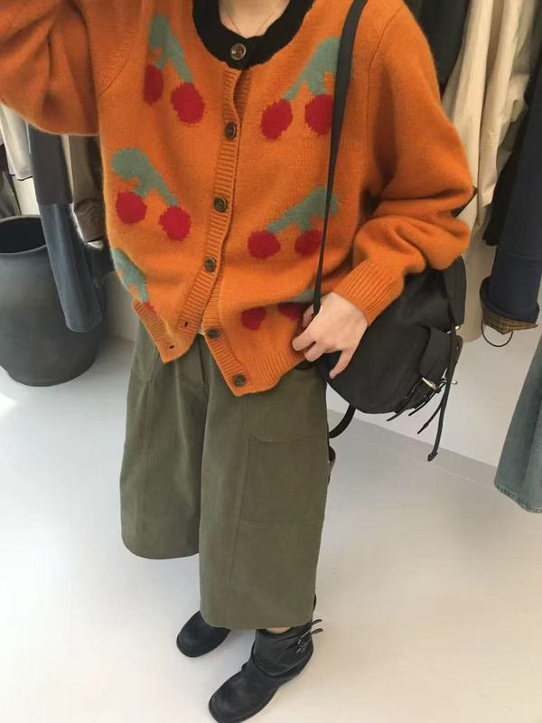 韩系穿搭蓝色提花针织衫上衣秋冬季设计感樱桃撞色毛衣开衫外套女|undefined