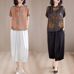 2025 Summer New Style Chinese Style Stand Collar Satin Jacquard Shirt Short-Sleeved Temperament Shirt Women's Suit