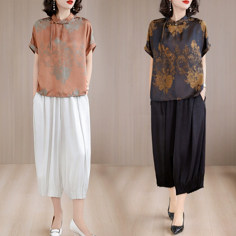 Летняя новинка 2025 года: женская рубашка в китайском стиле с воротником-стойкой, из атласного жаккарда, с коротким рукавом, элегантный костюм.