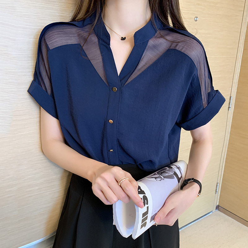 쉬폰 셔츠 짧은 소매 새로운 2025 여름 요정 탑 V-Neck 느슨한 슈퍼 요정 서양 스타일 셔츠