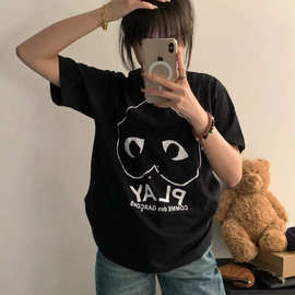 高品质川久日系PLAY倒置爱心卡通印花黑色圆领短袖T恤女夏季新款