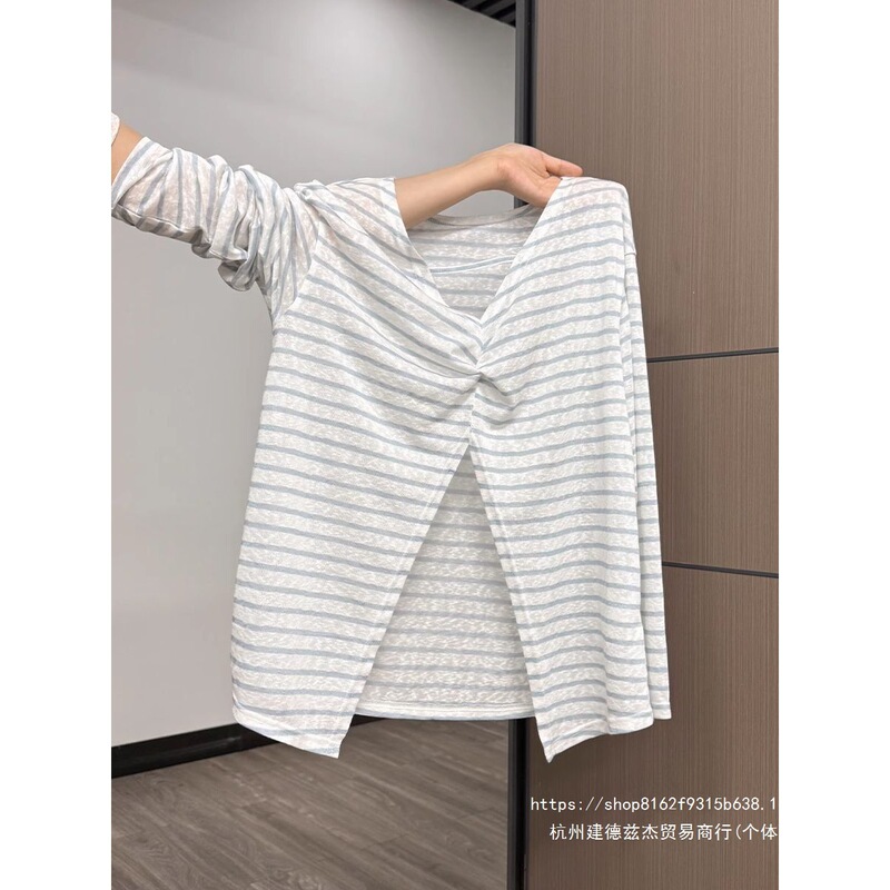 Striped slit pleated sun protection long-sleeve shirt for women, summer thin style 2026 new loose casual top Striped slit pleated sun protection long-sleeve shirt for women, summer thin style 2026 new loose casual top