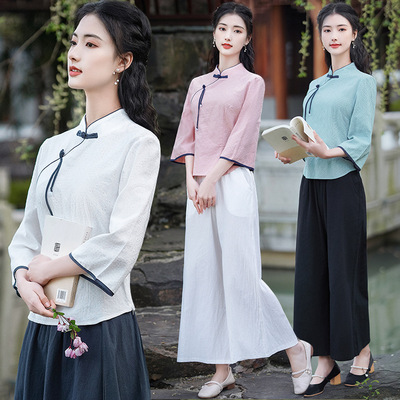 Ethnic women chinese dress qipao tops ancient folk clothing Cotton and linen tang suit Zen tea dress buckle Hanfu cheongsam top wide leg pants set