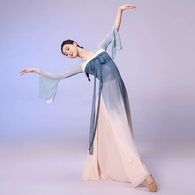Танцевальный костюм в древнем стиле, элегантный костюм больших размеров для практики Ханфу, большая юбка длиной до груди с длинными лентами, китайский танцевальный костюм