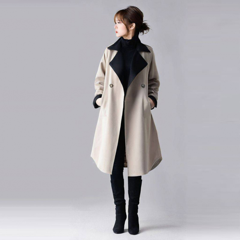 Women's Oversized Long Trench Coat With Contrast Collar - Autumn Casual Streetwear Jacket (S/M/L) Women's Clothing_voghion.com