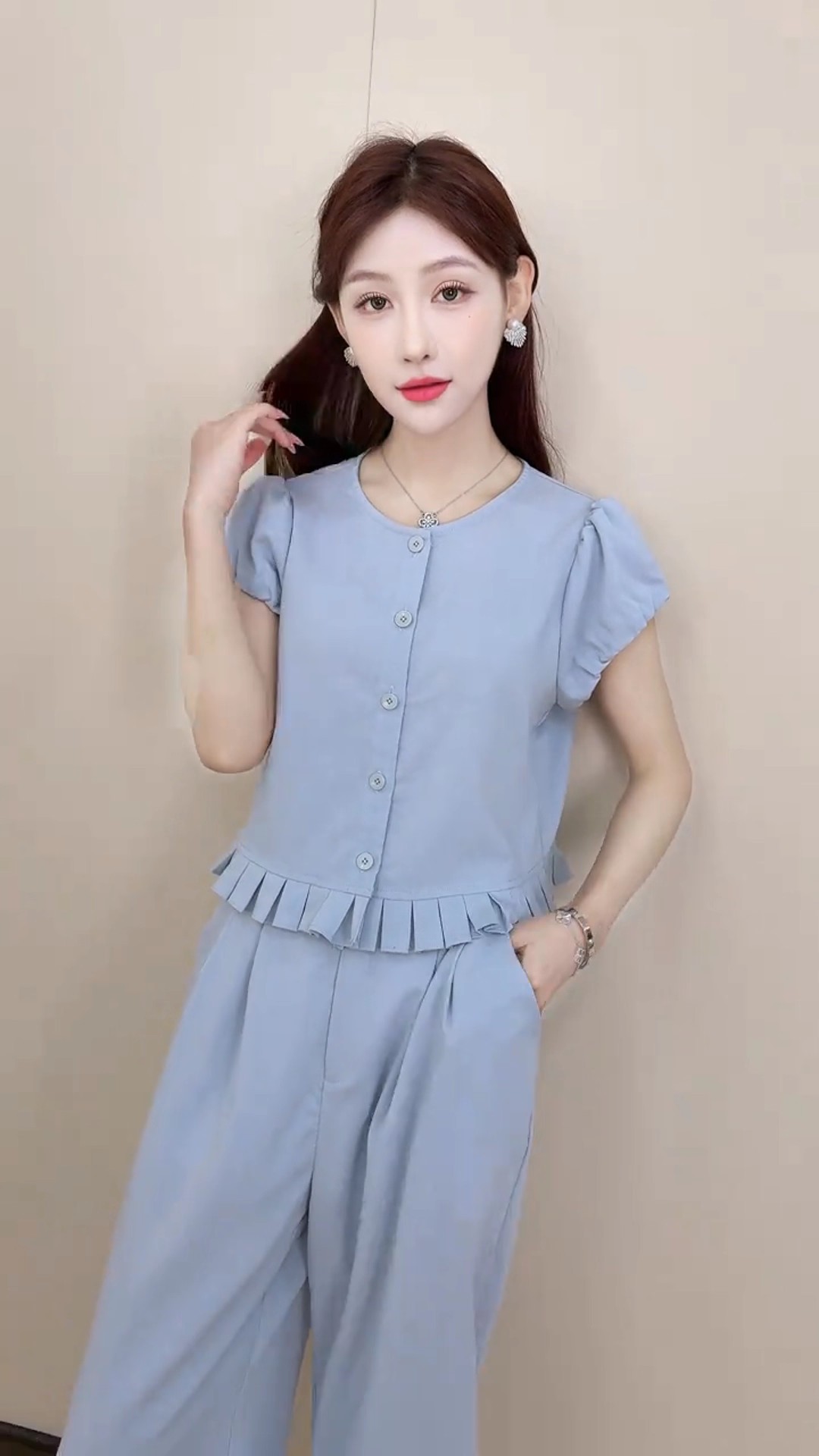 Bộ quần áo nữ mùa hè gồm áo ngắn thiết kế kiểu tây và quần ống rộng hai mảnh A5216 — Màu xanh lam đậm chi tiết 14