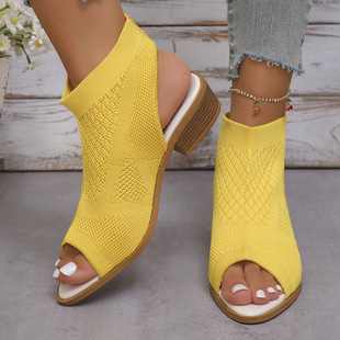 Foreign trade new high-heeled sandals European and American fashion knitted hollow thick-heeled high-heeled women's peeple sandals in stock