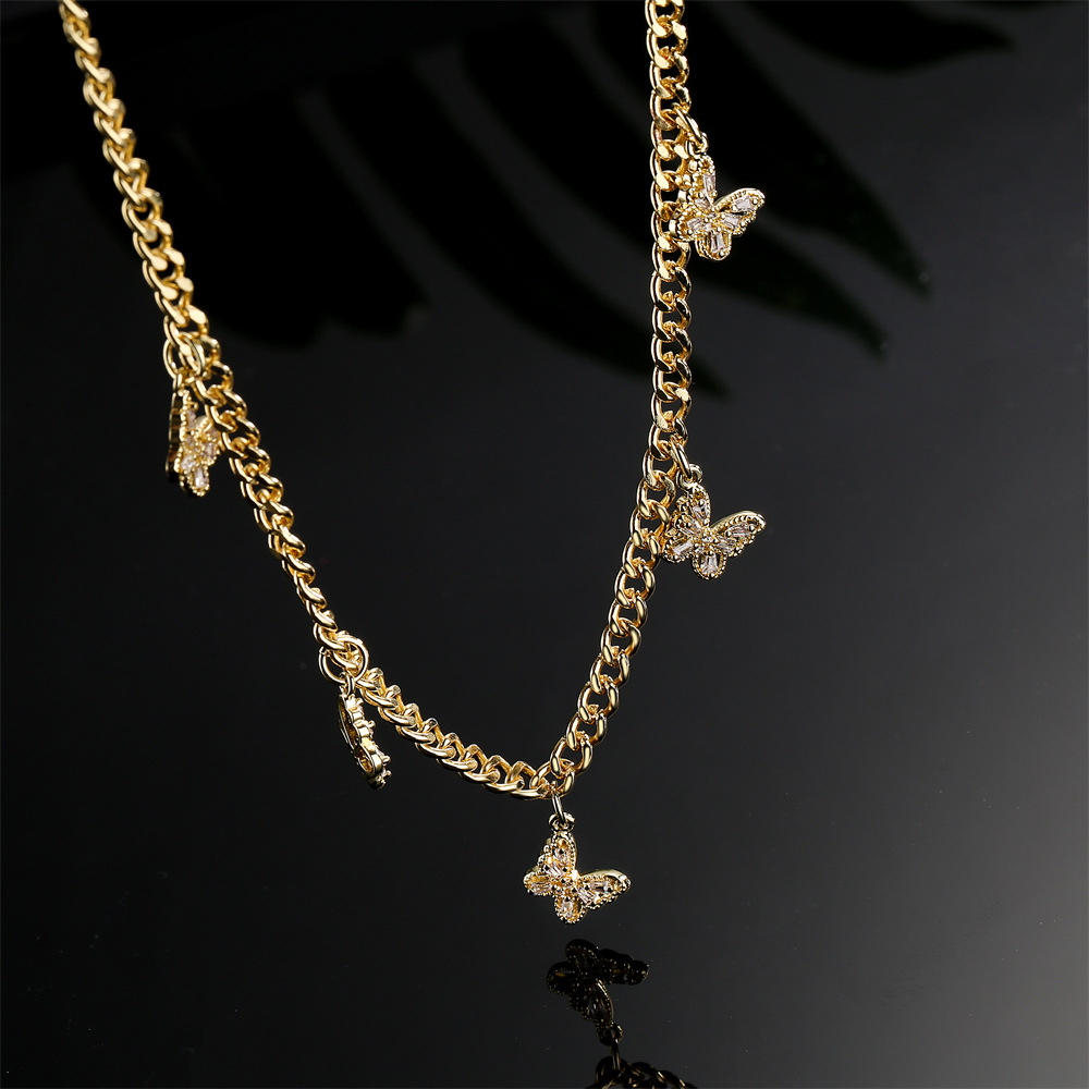 European and American copper micro-inlaid zircon butterfly copper necklace