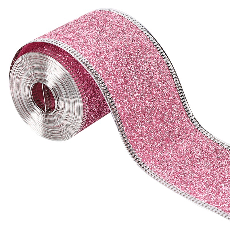 Cinta de Navidad para empaquetado con borde de alambre, lazo de decoración navideña, cinta dorada con purpurina, fabricante de cintas