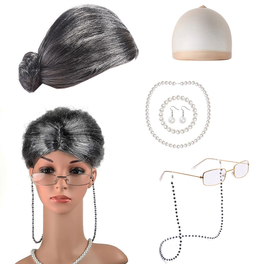 Halloween cos wig performance props old lady dress up suit old wig headgear granny wig