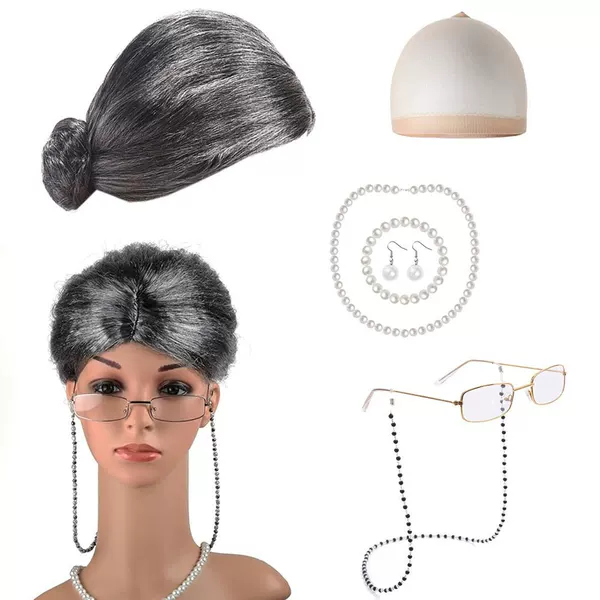 Halloween cos wig performance props old lady dress up suit old wig headgear granny wig