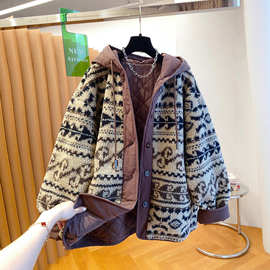 新品 高级感超好看羔毛夹棉外套女冬2025新款宽松连帽棉服摇粒绒