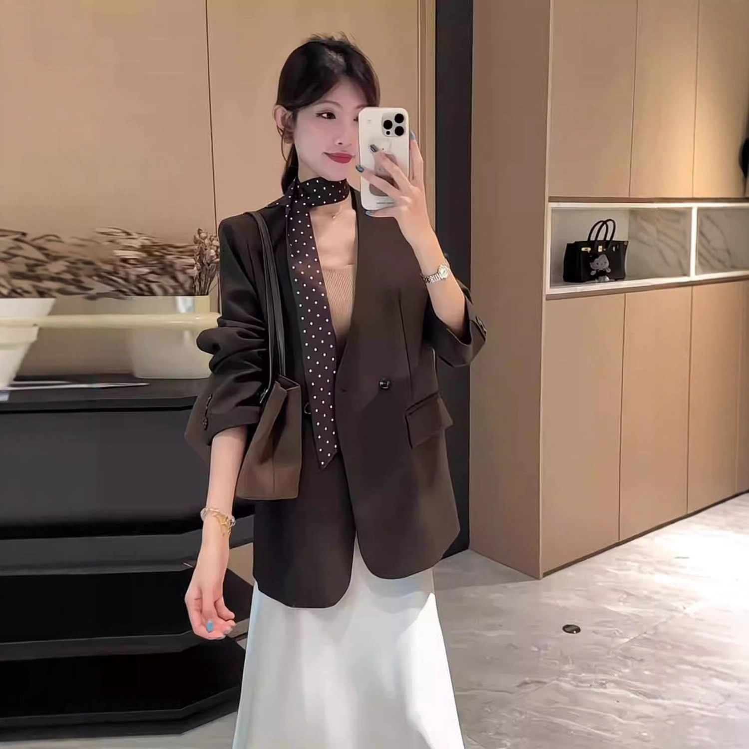 Retro Elegant Design Lace-Up Mid-Length V Neck Suit Jacket for Women Autum Casual Fashion Loose Small Suit