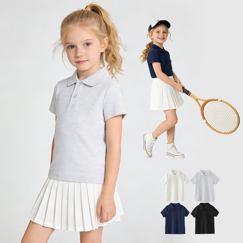 Children's Clothing Pure Cotton Polo Shirt T-Shirt 200g Sports Casual Lapel Top for Boys and Girls Solid Color Breathable Short-Sleeved T-Shirt