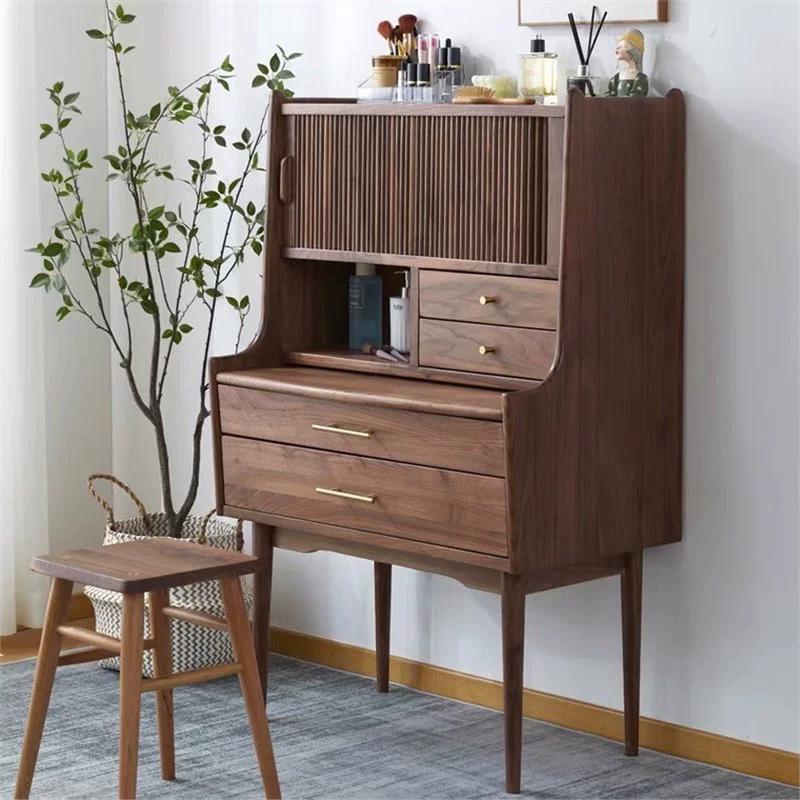 Туалетный столик из цельного дерева в скандинавском стиле с черным орехом, роскошный туалетный столик на колесиках для спальни, многофункциональный туалетный столик для хранения