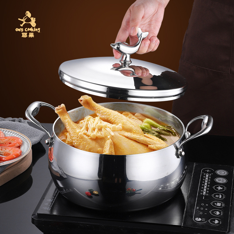 Olla para sopa de acero inoxidable 304 de tres capas, olla para cocinar y alisar a vapor engrosada con doble asa, olla para guisos, olla para cocinas de inducción, doble propósito para alisar a vapor y cocinar.