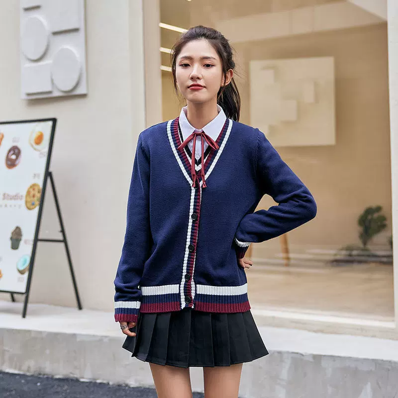 现货 新款秋冬学院风开衫毛衣V领校服针织衫外套老师园服班服毛衣