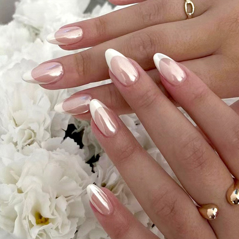 Classic Hailey Style French Manicure Foreign Trade Popular Electroplated Nail Tips with High-Gloss White Aurora Wearable Nails Wholesale Classic Hailey Style French Manicure Foreign Trade Popular Electroplated Nail Tips with High-Gloss White Aurora Wearable Nails Wholesale