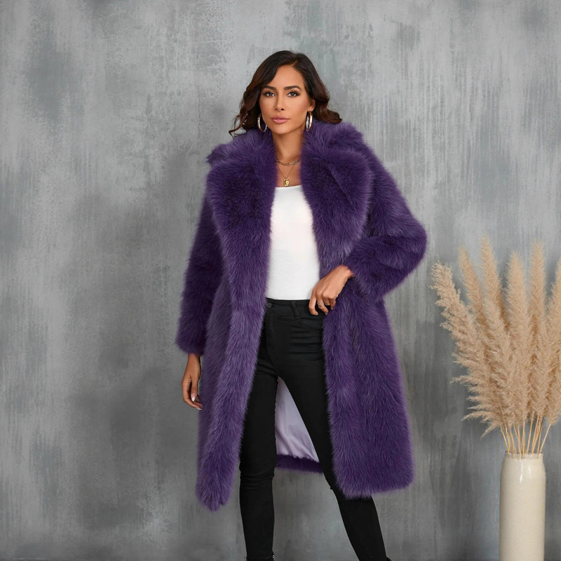 Amazon Cross-Border New Autumn and Winter Imitation Fur Thickened Long Suit Collar Coat Mid-Length Plush Fur Coat