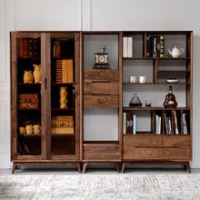 北美黑胡桃木书柜组合全实木客厅展示储物收纳柜简约现代玻璃书架