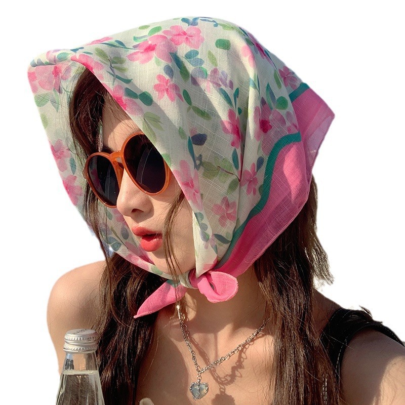 Pañuelo cuadrado de algodón y lino con flores para mujer verano_voghion.com