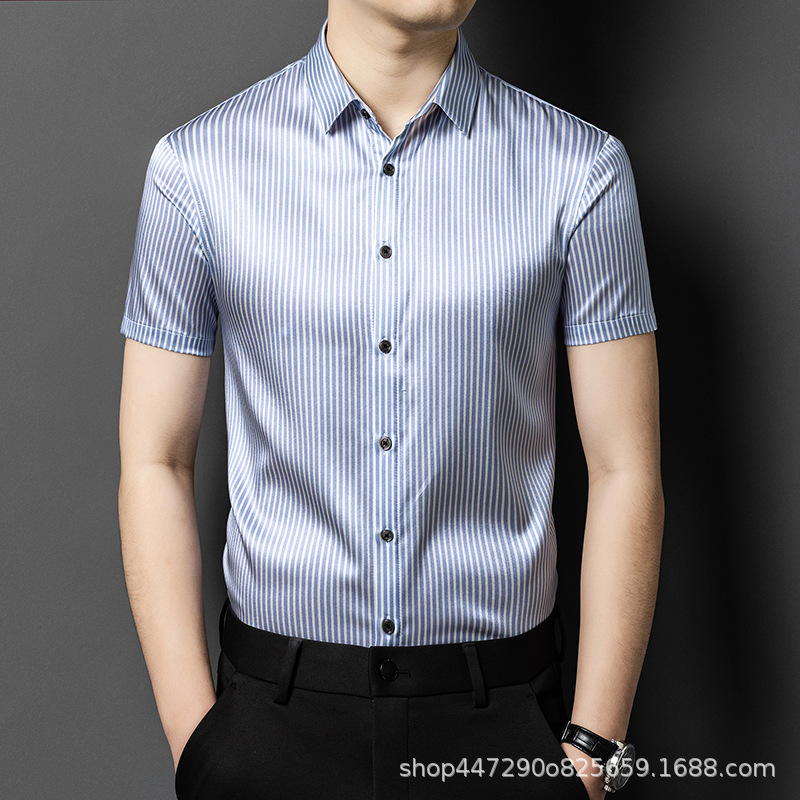 Summer Mulberry Silk 2048 Short-Sleeved Shirt Business Casual Loose Silk Thin Shirt Men's Business Work Clothing Summer Mulberry Silk 2048 Short-Sleeved Shirt Business Casual Loose Silk Thin Shirt Men's Business Work Clothing
