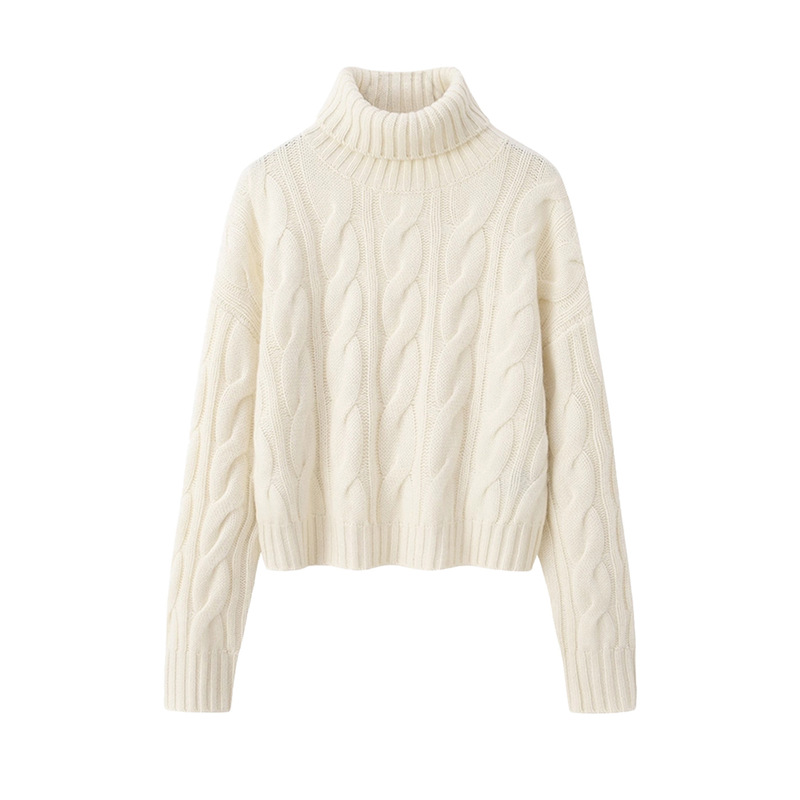 100% Pure Cotton Light Off-White Short Thickeneded Sweater Women's Winter High Collar Long Sleeve Twist Cotton Thread Cotton Knitted Top