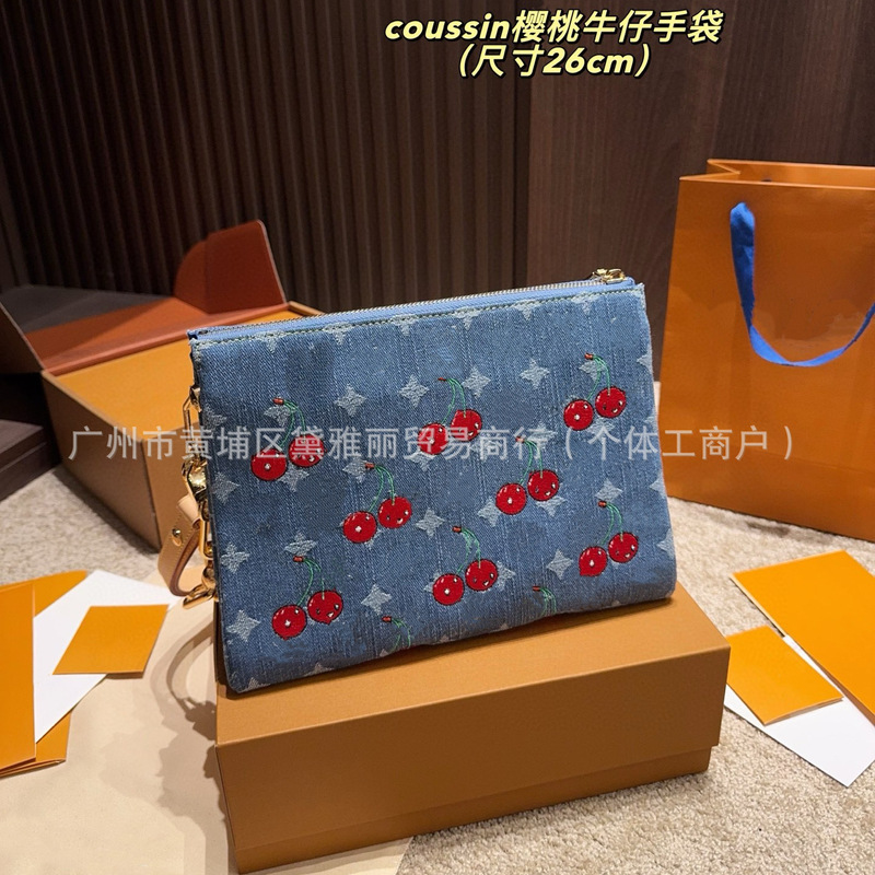 外贸爆款丹宁牛仔樱桃印花手提腋下包高级百搭单肩斜挎链条小方包|undefined