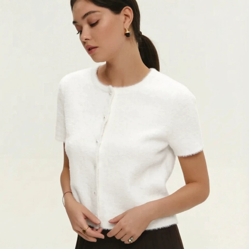Cross-Border Short-Sleeved Imitation Mink Sweater Cardigan for Women, New Spring and Autumn Style, High-End Plush Top, Solid Color Knitted Jacket