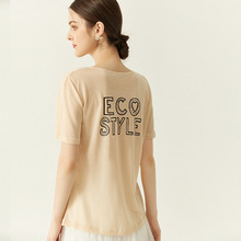 普莱雅  ECO系列不规则字体印花天丝T恤女 黑色薄款U领潮流短袖