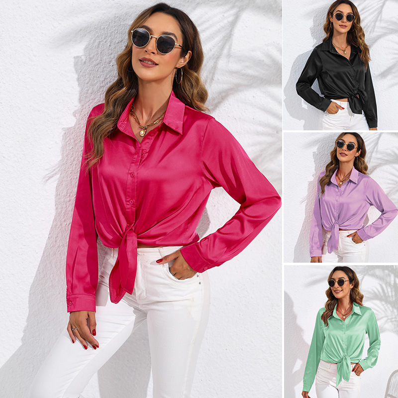 2026 Spring and Autumn Clothing Amazon Hot-Selling Real Photos European and American Cross-Border Women's Clothing Solid Color Satin Long-Sleeve Women's Shirt