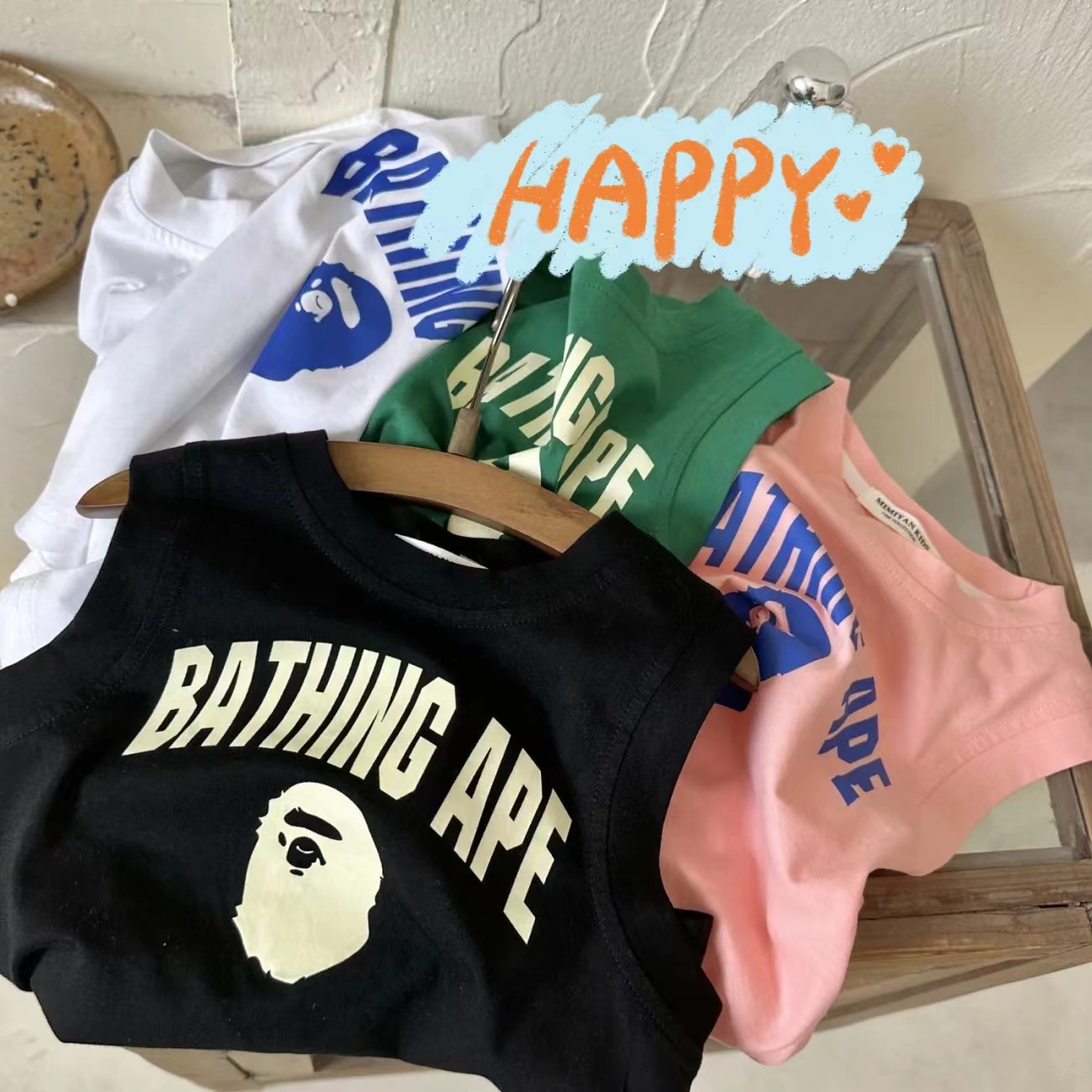 Summer 2024 New Children's Backless T-shirts for Kids, Unisex Cartoon Trend Brand Cotton T-shirts for Toddlers, Japanese Style Sleeveless T-shirts