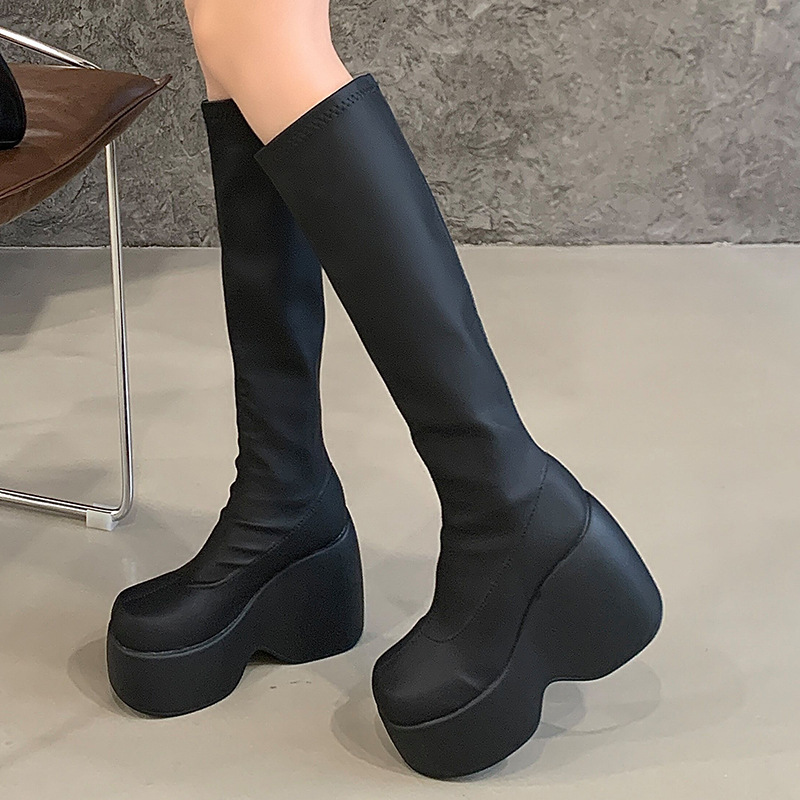 11cm圆头大码坡跟高筒靴厚底弹力裸靴简约套筒系带女靴跨境43码