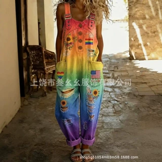 背带裤仿牛仔布料可调节肩带波西米亚风格印花做旧连体裤独立站新