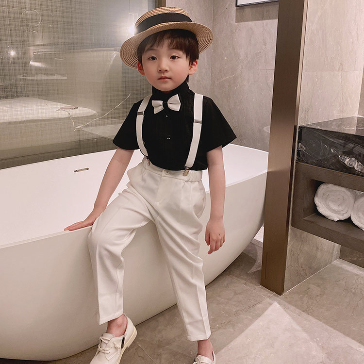 Children's strap set 2021 summer new short sleeve shirt two piece flower girl dress boys' performance clothes wholesale