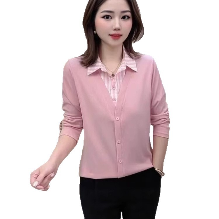 一件代发直播爆款2025春秋衬衫翻领女士拼接长袖T恤女假两件上衣|undefined