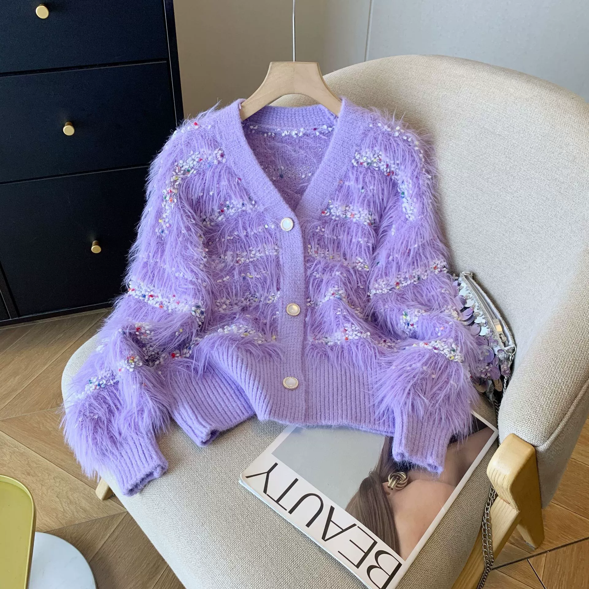 Бархатный вязаный свитер, Oversize с V-образным вырезом кардиган, искусственный мех, один размер