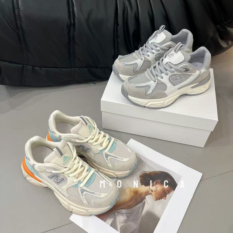 Feifan Bari 2025 Spring New Retro Genuine Leather Sports Leisure Thick Bottom Mesh Breathable Jogging Dad Shoes