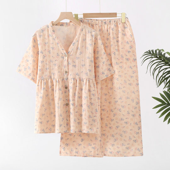 Women's Cotton Double-Layer Yarn Short-Sleeved Capri Pants Home Wear Thin Summer Simple Casual Wide-Leg Pants Pajamas suit