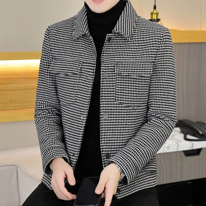 Модная утолщенная шерстяная куртка с лацканами в ломаную клетку, трансграничные поставки, Мужская зимняя новая молодежная приталенная куртка, модное